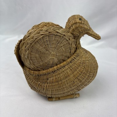 Vintage Wicker Woven Duck Basket with 7 Placemats - Mid Century