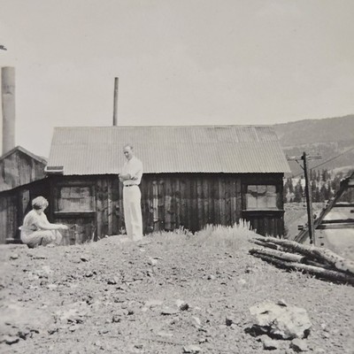 Vintage B&W Photo Snapshot of Silver Dollar Mine Shack w/ People 1930s