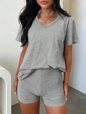 Women's V Neck Relaxed Two Piece Lounge Set With Shorts