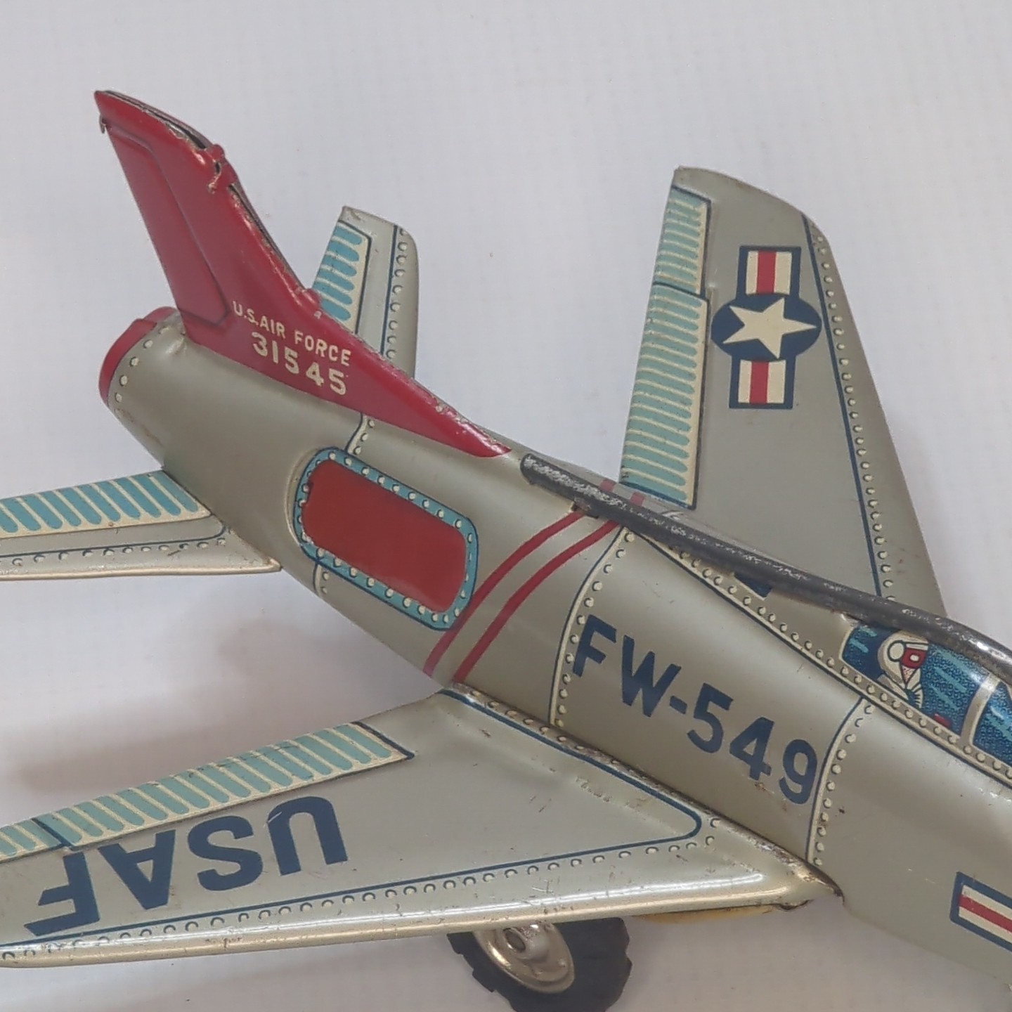 Vintage Tin Litho USAF F-100 Jet Toy 1950s Wind-Up Airplane 6" Japan Style