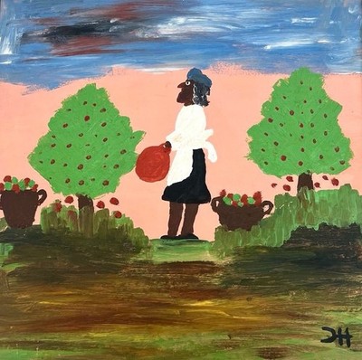 Clementine Hunter (Handmade) Signed Oil Painting on Canvas 40x40 Cm in Naive Art