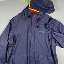 Vintage Columbia Sportswear Rain Jacket Mens XL Navy Blue PVC Hooded Coat RM0120