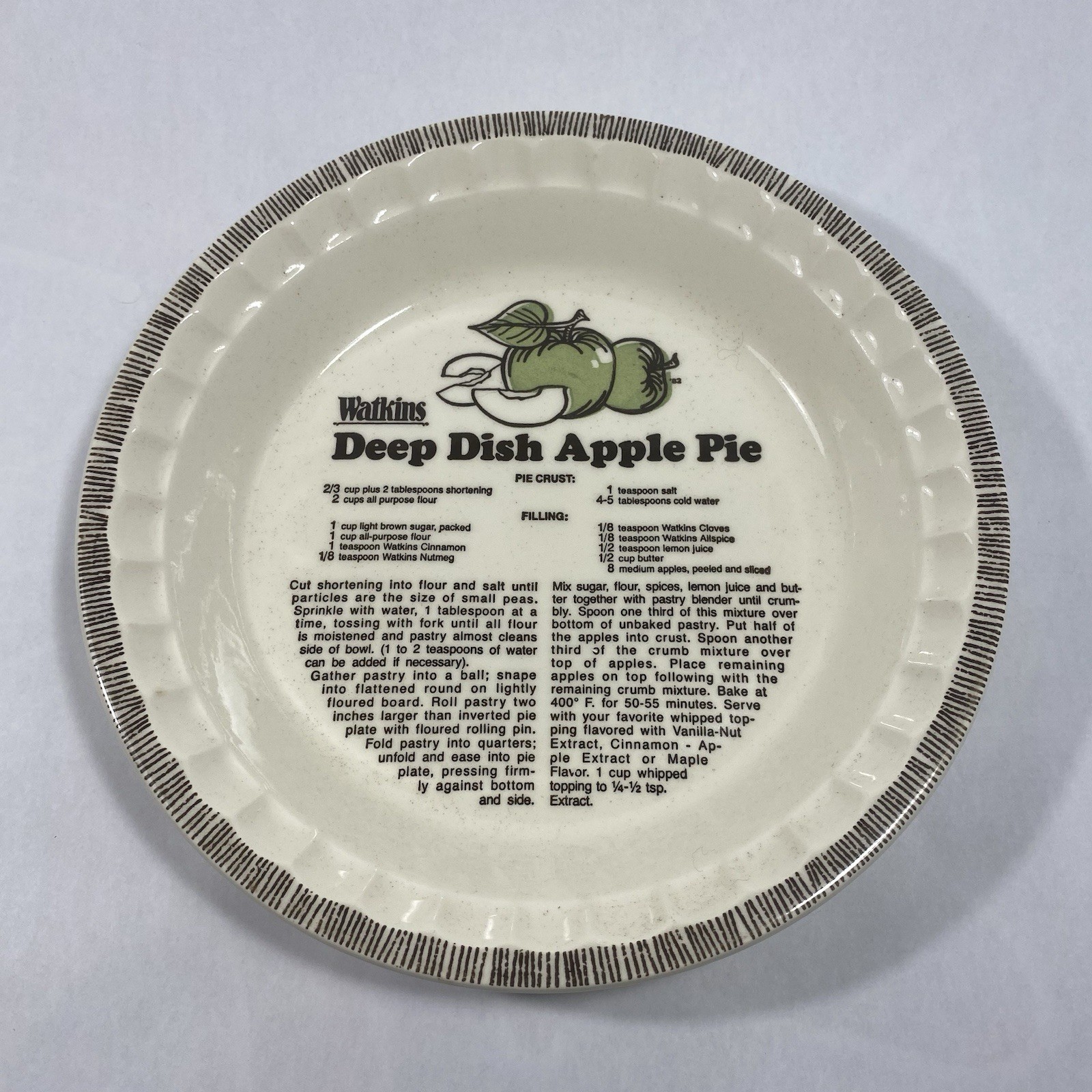 Vtg Watkins Deep Dish Apple Pie Plate W/ Recipe 11” Round Ceramic Home Decor