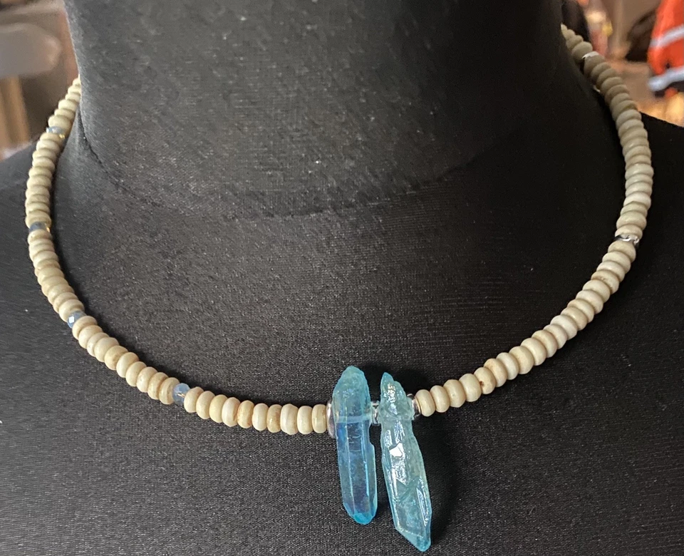 Halskette Quarz Stein, Knochenperlen, Handgefertigt - Bild 3 von 4