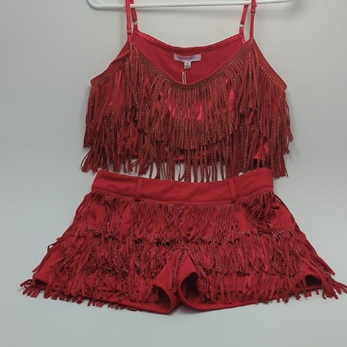 Cloud Ten Women's Fringe Two-Piece Set Rhinestone Medium Large Crop Top Short
