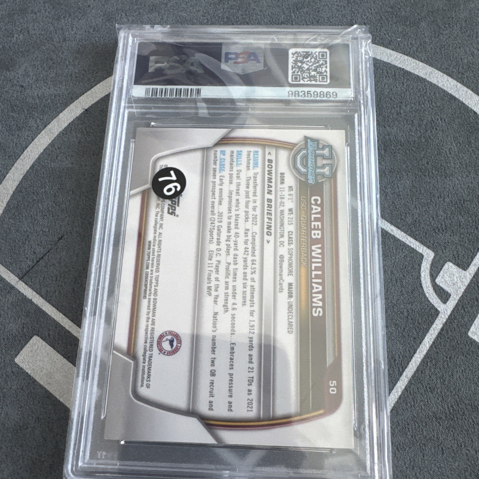 2022 Bowman University Chrome Caleb Williams #50 USC PSA 9 Chicago Bears view 2