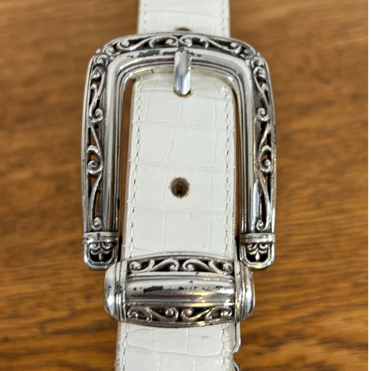 Brighton Reversible Croc Embossed Leather Belt Tan White Silver Buckle M 30 Brighton Reversible Leather Belt White & Tan Croc Embossed  main image 3