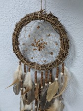 Handmade Dreamcatcher Wall Hanging with Feathers, Beads, Natural Brown, 8" x 22"