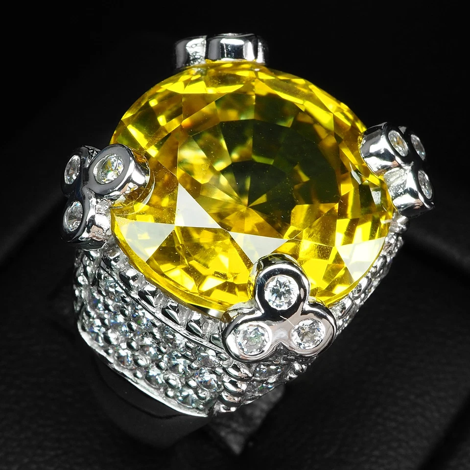 Brillantes anillos de oro blanco de plata de ley 925 de 25,65 quilates de turmalina amarilla canaria Foto 3 de 4