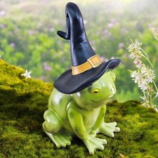 Halloween Frog Toad Witch With Hat Figurine Lime Green Black Resin Home Decor