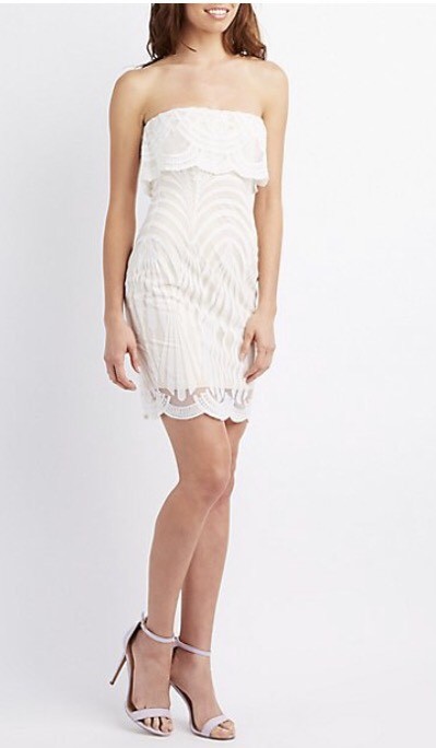 Women's Charlotte Russe White Dress Size XL Crochet Ruffle-Trim Bodycon