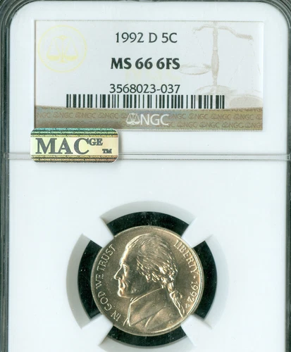 1992 D JEFFERSON NICKEL NGC MS66 6FS 2ND FINEST GRADE *