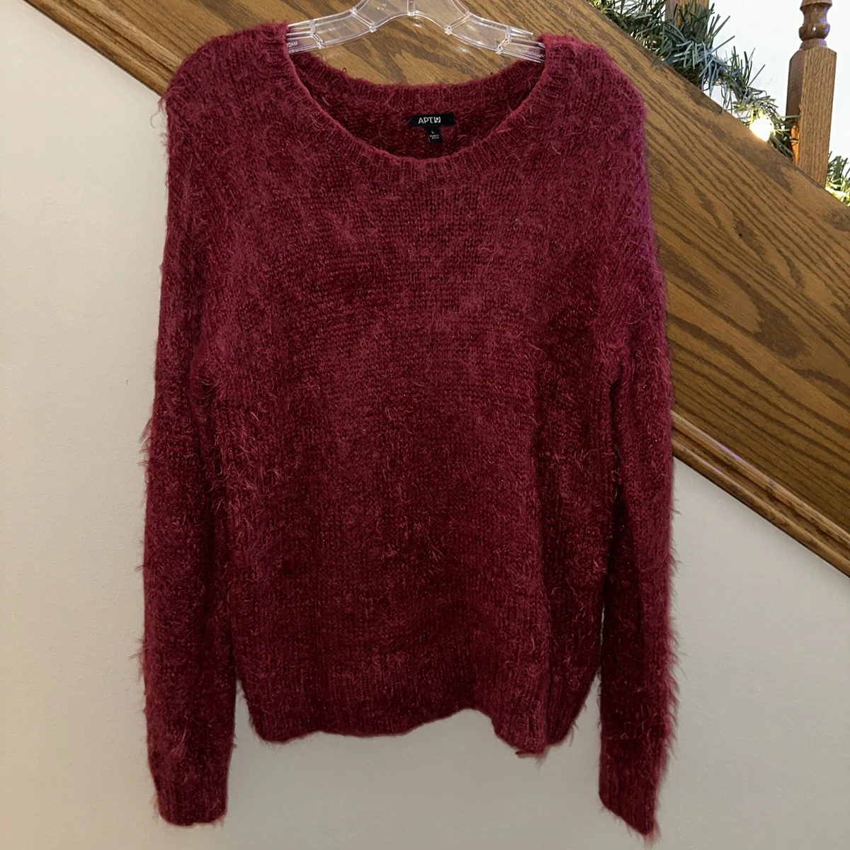 Apt 9 Women Furry Fuzzy Burgundy Red Metallic Long Sleeve Sweater Large