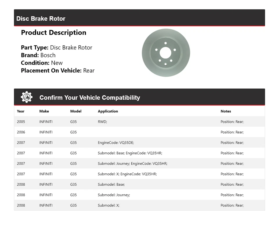 Для 2005-2008 INFINITI G35 Bosch тихий литой дисковый тормоз ротор задний 2006 2007 - Изображение 2 из 4
