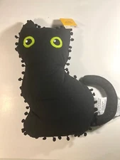 Way To Celebrate Harvest Pillow 13” x 8” Black Cat Halloween Pom Poms Decoration