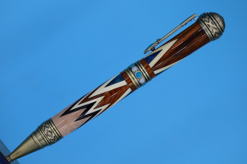Southwest Antique Brass and Turquoise Stone with Santa Fe wood Inlay Ballpoint - Picture 4 of 10