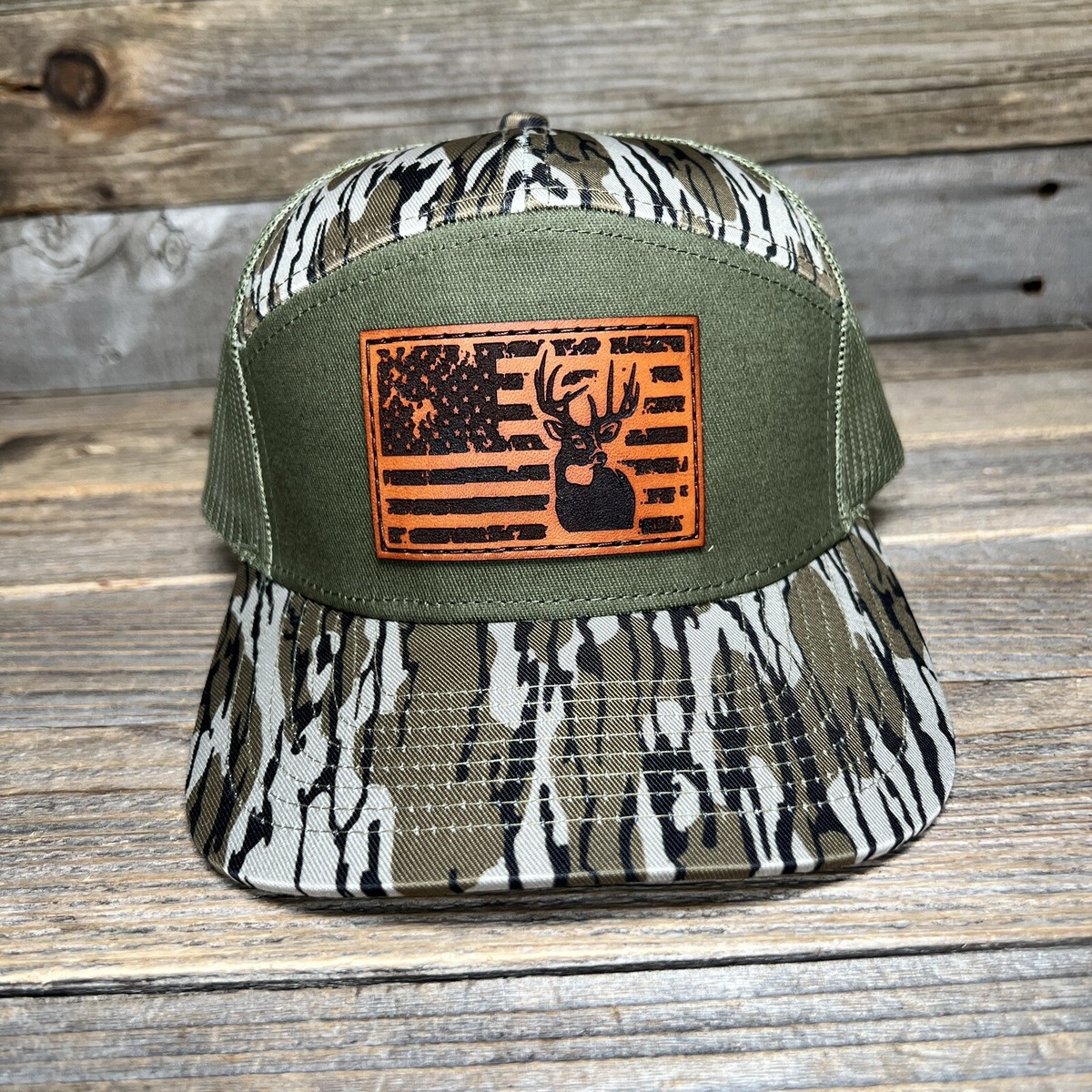 White Tail Deer Buck Bottomland Camo 7 Panel Leather Patch Trucker