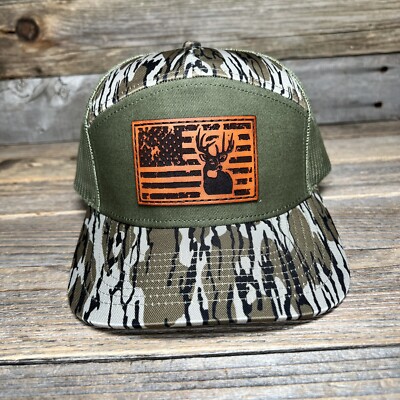 White Tail Deer Buck Bottomland Camo Panel Leather Patch Trucker Hat 