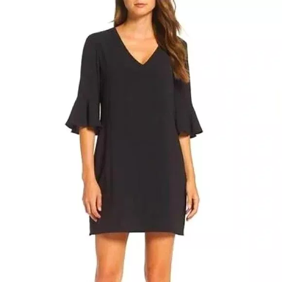 Charles Henry Black Shift V Neck Ruffle Bell Sleeve Cocktail Dress Small NEW