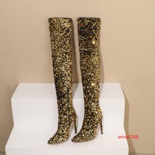 Women's Sequins Zip Stiletto Heels Over The Knee Boots Casual Prom Party Shoes