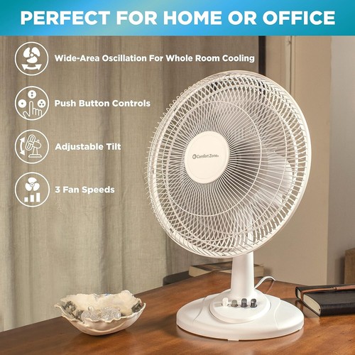 12 Inch Metal Oscillating Table Fan 3-Speed Quiet Portable for Bedroom Home - Picture 6 of 11