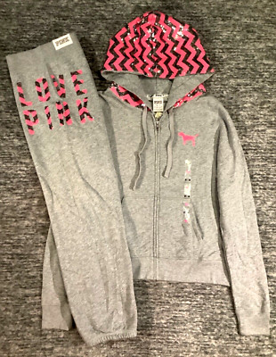 Victoria's Secret Pink Bling Chevron Full Zip Hoodie + Signature Pants M NWT WOW