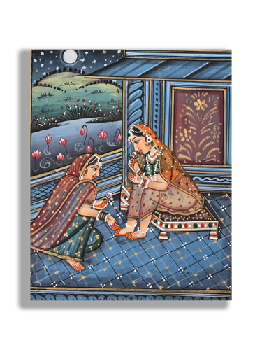 Mughal Queen Applying Heena Handmade Painting on Paper 9 x 5.75 In "PN10087" - Picture 3 of 3