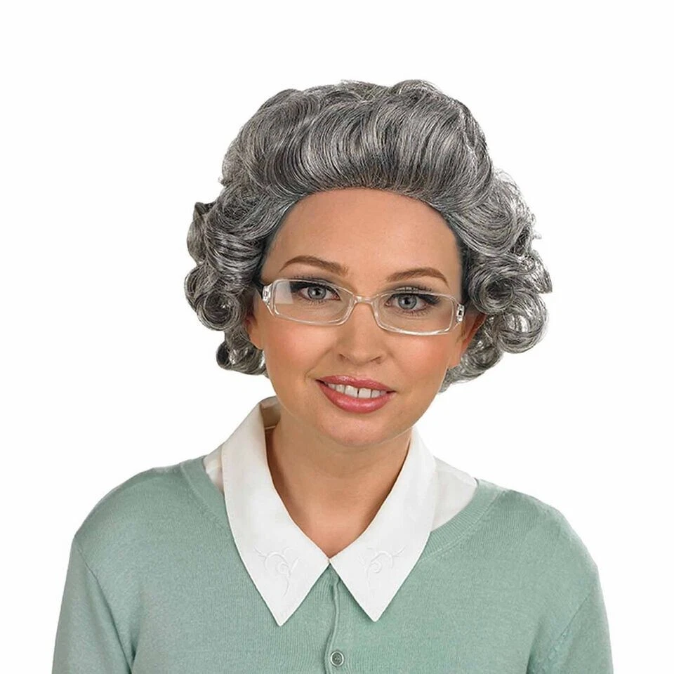 Women` s Curly Gray Granny Wig + Glasses For Old Lady Grandma Mrs Claus Costume - Image 2 of 3
