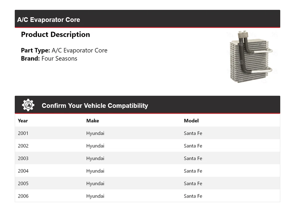 Núcleo evaporador aire acondicionado Hyundai Santa Fe 2001-2006 4 estaciones 2002 2003 2004 2005 Foto 2 de 4
