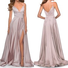 NEW LA FEMME Mauve RUCHED Strappy Back SATIN Slit EVENING Dress BALLGOWN 12