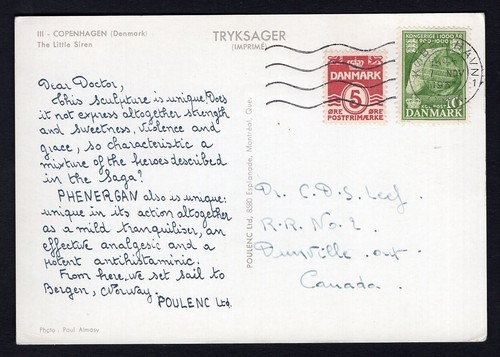 DENMARK Poulenc 1957 Dear Doctor Medical Advertising Postcard to Canada, Siren - Picture 2 of 3