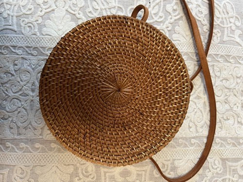 Neu 8" Runde Hand Boho Gewebt Weide Leder Gefüttert Handtasche Crossbody M16 - Bild 5 von 9