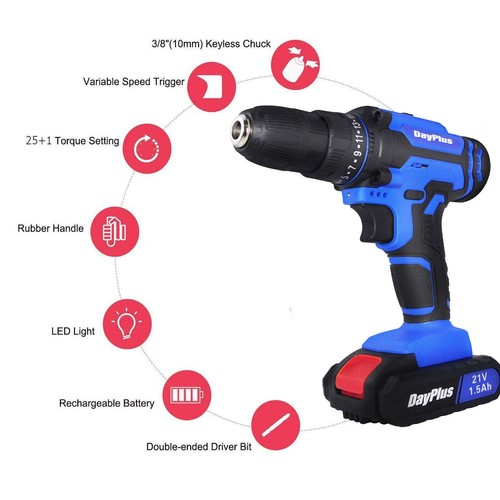 21V Electric Drill 3/8" Power Cordless Screwdriver 26PCS Drill Set with Battery - Bild 5 von 12