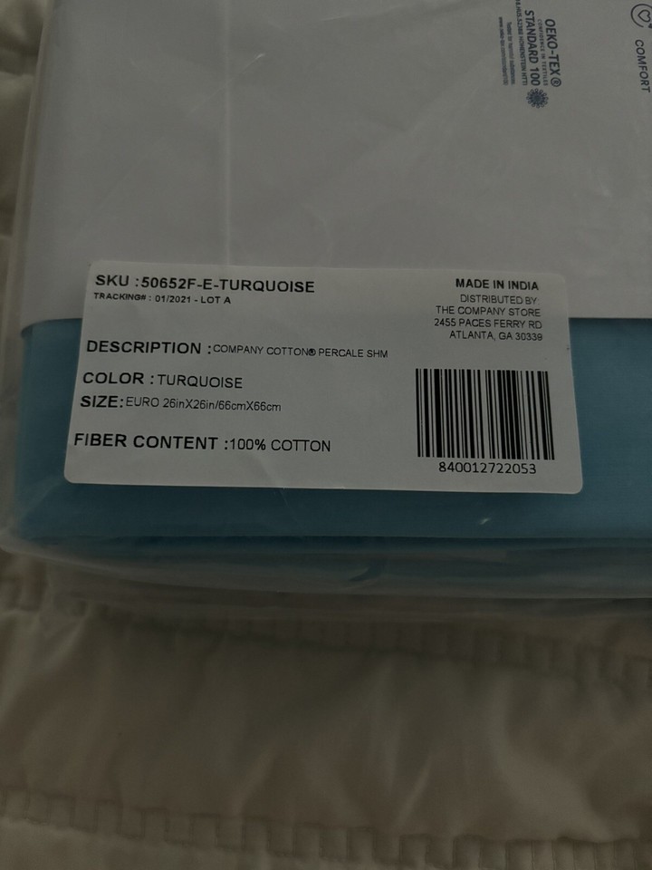 The Company Store Company Cotton Turquoise Percale Sham Euro Lot Of 2
