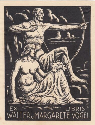 Bookshelves Bookplate Woodcut Rudolf Lipus 1893-1961 Archer Nude - Picture 1 of 1