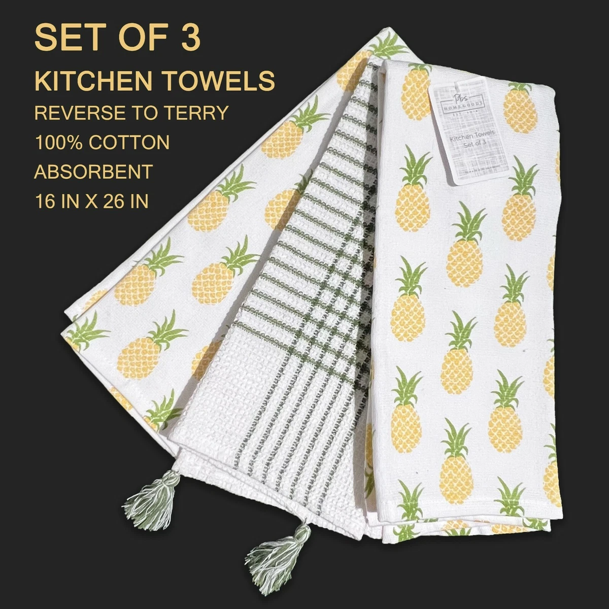 SET OF 3 New PBS HOMEGOODS Cotton Terry Waffle Kitchen Towels Pineapples  Plaid