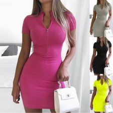 Women Zipper Bodycon Mini Dress Ladies V Neck Short Sleeve Party Club Dress Slim