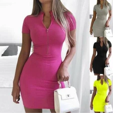 Women Zipper Bodycon Mini Dress Ladies V Neck Short Sleeve Party Club Dress Slim