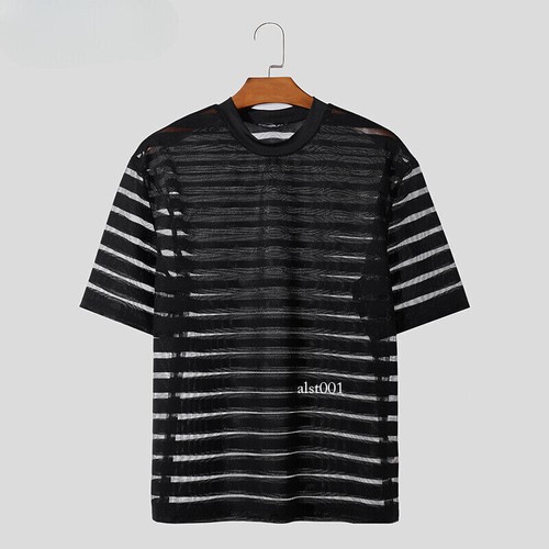 Hombres Camiseta Malla Rayas Cuello en O Manga Corta Transparente Hombres Ropa Ropa Ropa de Calle - Imagen 4 de 26