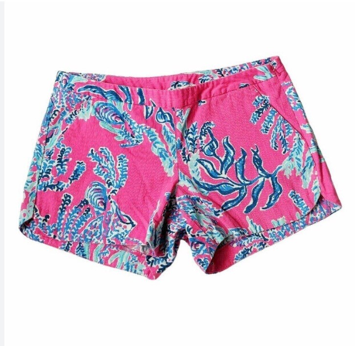 Lilly Pulitzer Jayne Shorts-Pink with Blue Coral-100% Cotton-Womens Size