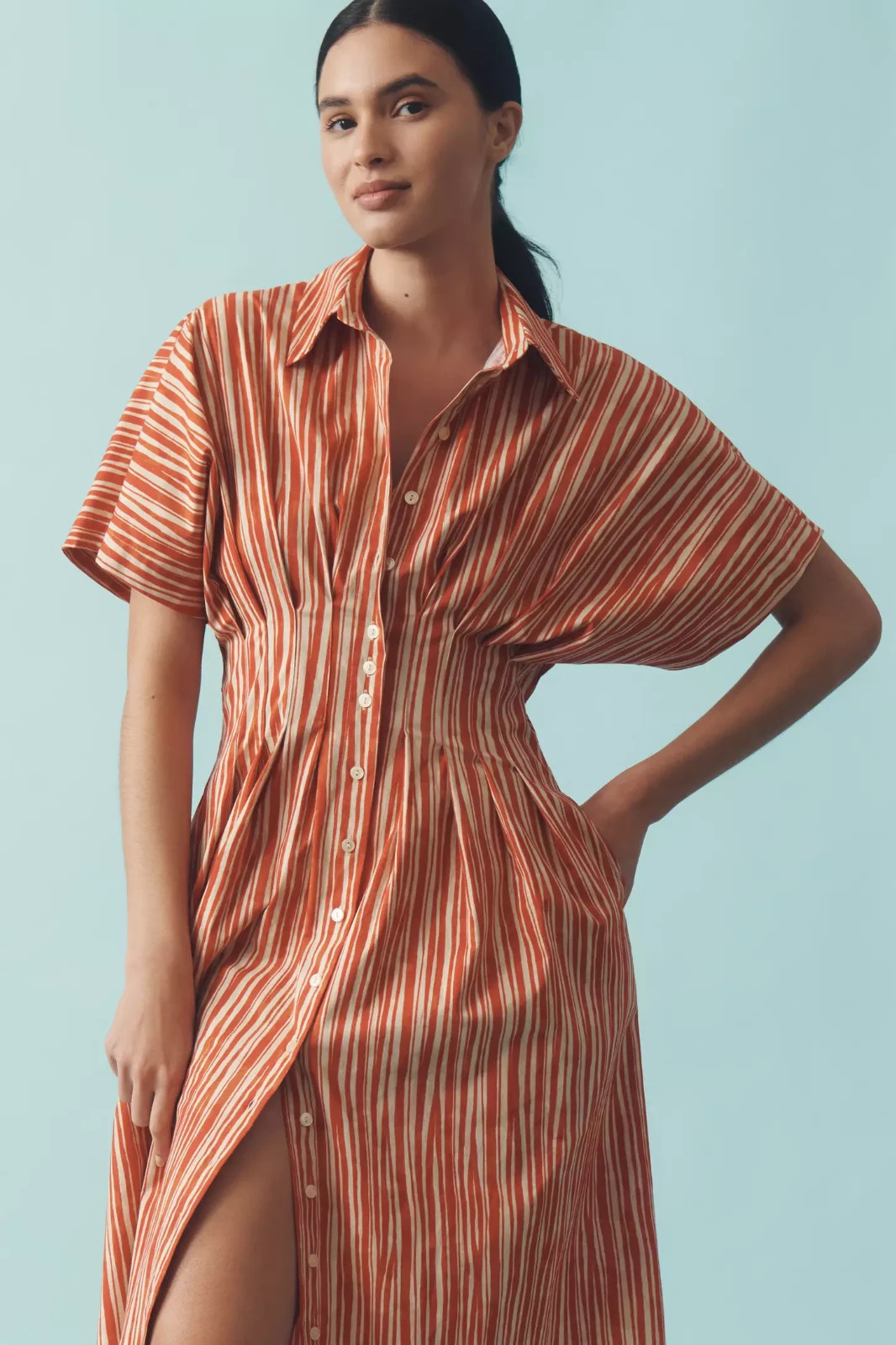 Anthropologie The Tobie Shirt Dress by Exquise Striped Maxi Size L NWT Red Large