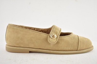 Chanel 25B Beige Suede Shearling Fur Mary Jane Moccasin Ballet