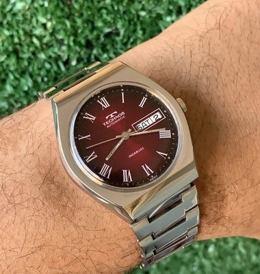 Technos Men's Automatic Red Dial Stainless Steel Watch 1970s Vintage Swiss Made