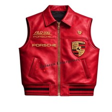 Men’s Red Leather Racing Vest Porsche Inspired Biker Sleeveless Zip Jacket