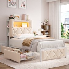 Anyact Twin Bed Frame with Upholstered Storage Headboard, Built-in Charging