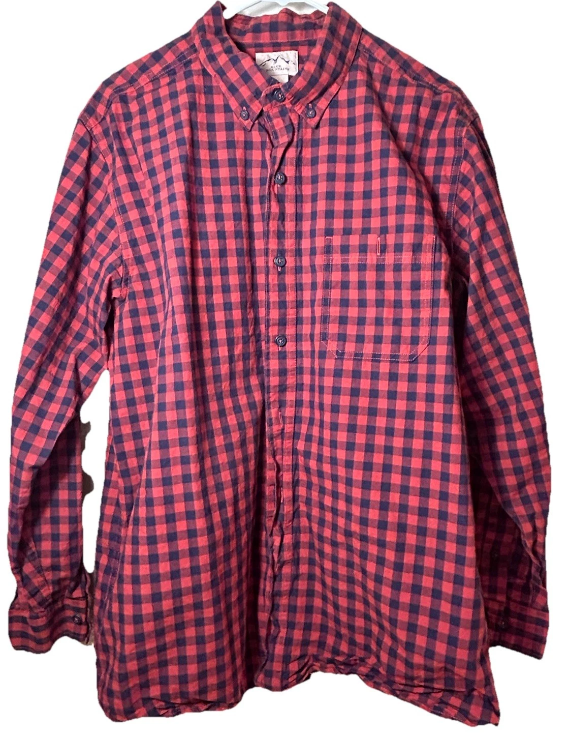 Mens L Long Sleeve Button Front Lightweight Plaid Shirt Orange Blue Mountain