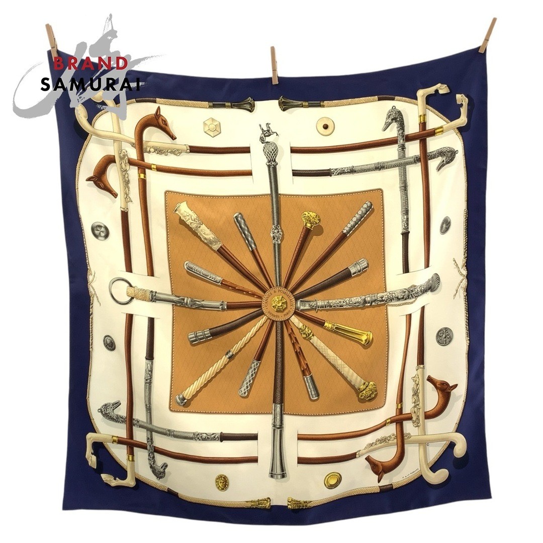 Hermes Cannes Pommaux Carre90 Blue Ivory Silk Scarf Large For Women 504241 Used