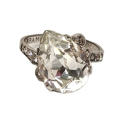 4g Sterling Silver KRAMER Signed Vintage Size 8 Pear Rhinestone Ring