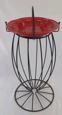 Vintage MCM Mid Century Red Ceramic Ashtray Stand Atomic Black Metal Beard Mfg 