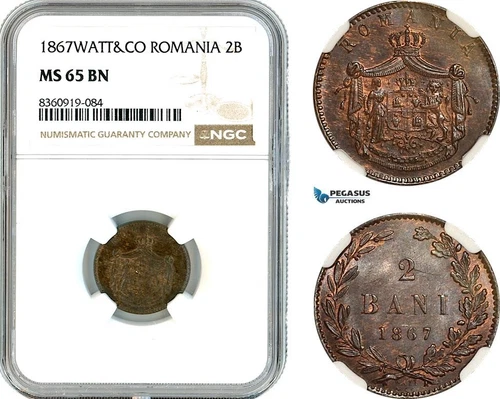 AK853, Romania, Carol I, 2 Bani 1867 Watt&Co, Birmingham Mint, NGC MS65BN